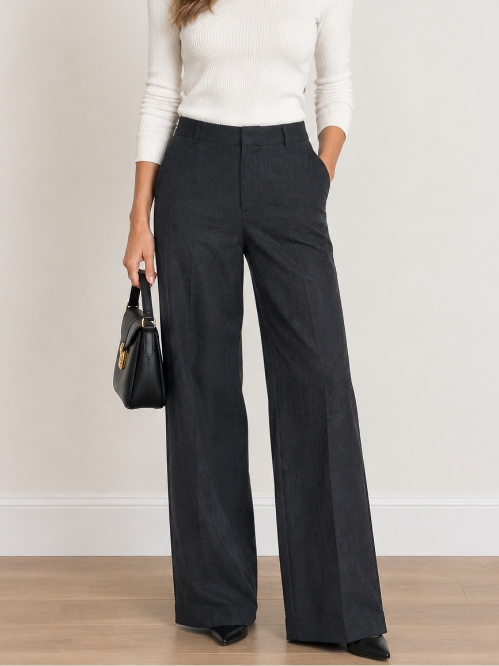 MOSCHINO Wide-Leg Cuffed High Waisted Black Pants Trousers - Size 12
